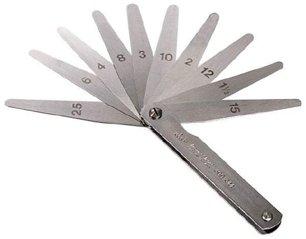 TESA Brown & Sharpe - 26 Piece, 0.0015 to 0.025" Thick, Tapered Feeler Gage Set - 3" Leaf Length, 1/2" Wide, Steel - Benchmark Tooling