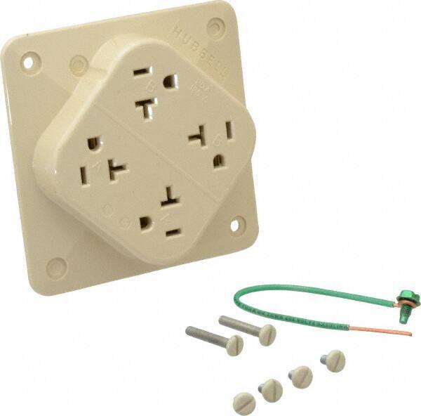 Hubbell Wiring Device-Kellems - 125 VAC, 20 Amp, 5-20R NEMA Configuration, Ivory, Specification Grade, Self Grounding Fourplex Receptacle - 1 Phase, 2 Poles, 3 Wire, Flush Mount, Impact Resistant - Benchmark Tooling