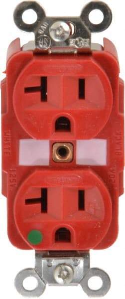 Hubbell Wiring Device-Kellems - 125 VAC, 20 Amp, 5-20R NEMA Configuration, Red, Hospital Grade, Self Grounding Duplex Receptacle - 1 Phase, 2 Poles, 3 Wire, Flush Mount, Tamper Resistant - Benchmark Tooling