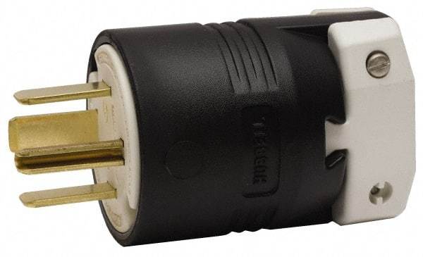 Hubbell Wiring Device-Kellems - 250 VAC, 60 Amp, 15-60P NEMA, Straight, Self Grounding, Commercial, Industrial Grade Plug - 3 Pole, 4 Wire, 3 Phase, 10 hp, Nylon, Black, White - Benchmark Tooling