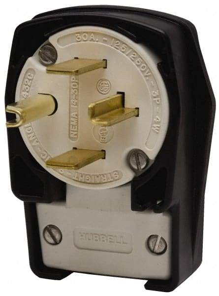 Hubbell Wiring Device-Kellems - 250 VAC, 30 Amp, 15-30P NEMA, Angled, Self Grounding, Commercial, Industrial Grade Plug - 3 Pole, 4 Wire, 3 Phase, 3 hp, Nylon, Black, White - Benchmark Tooling