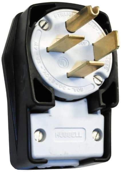 Hubbell Wiring Device-Kellems - 250 VAC, 60 Amp, 15-60P NEMA, Angled, Self Grounding, Commercial, Industrial Grade Plug - 3 Pole, 4 Wire, 3 Phase, 10 hp, Nylon, Black, White - Benchmark Tooling