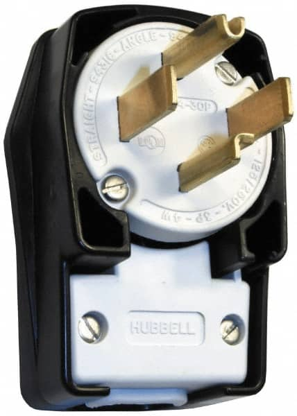 Hubbell Wiring Device-Kellems - 125/250 VAC, 30 Amp, 14-30P NEMA, Angled, Self Grounding, Commercial, Industrial Grade Plug - 3 Pole, 4 Wire, 1 Phase, 2 hp, Nylon, Black, White - Benchmark Tooling