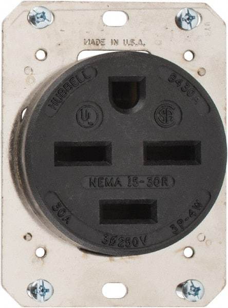 Hubbell Wiring Device-Kellems - 250 VAC, 30 Amp, 15-30R NEMA Configuration, Brown, Industrial Grade, Self Grounding Single Receptacle - 3 Phase, 3 Poles, 4 Wire, Flush Mount - Benchmark Tooling