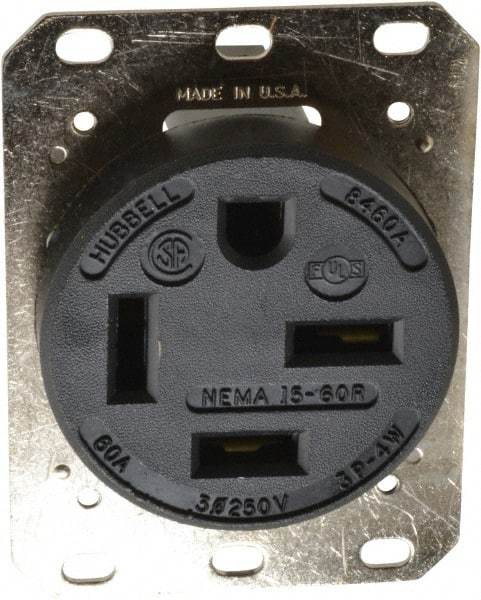 Hubbell Wiring Device-Kellems - 250 VAC, 60 Amp, 15-60R NEMA Configuration, Black, Industrial Grade, Self Grounding Single Receptacle - 1 Phase, 3 Poles, 4 Wire, Flush Mount - Benchmark Tooling