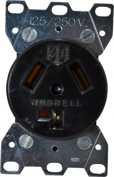 Hubbell Wiring Device-Kellems - 125/250 VAC, 30 Amp, 10-30R NEMA Configuration, Black/White, Industrial Grade, Self Grounding Single Receptacle - 1 Phase, 3 Poles, 3 Wire, Flush Mount - Benchmark Tooling