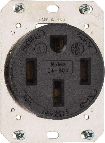 Hubbell Wiring Device-Kellems - 125/250 VAC, 50 Amp, 14-50R NEMA Configuration, Black, Industrial Grade, Self Grounding Single Receptacle - 1 Phase, 3 Poles, 4 Wire, Flush Mount - Benchmark Tooling