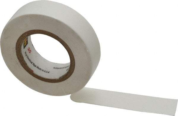 3M - 1/2" x 20', White Vinyl Electrical Tape - Series 35, 7 mil Thick, 1,250 V/mil Dielectric Strength, 17 Lb./Inch Tensile Strength - Benchmark Tooling