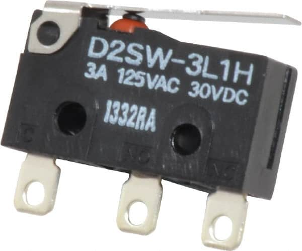 Omron - 3 Amp at 30 VDC, 3 Amp at 125 VAC, 2 Amp at 250 VAC, SPDT, Hinge Lever, Sealed Miniature Snap Action Switch - 250 VAC, 30 VDC, Solder Terminal, 2.12 Ounce Max Operating Force, 0.47 Inch High x 0.78 Inch Long x 1/4 Inch Wide, -13 to 185°F - Benchmark Tooling