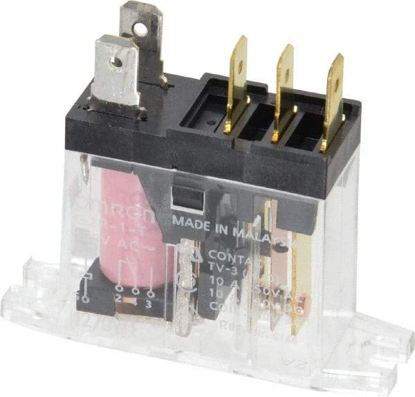 Omron - 5 Pins, 0.9 VA Power Rating, Rectangle Electromechanical Quick Connect General Purpose Relay - 10 Amp at 30 VDC, SPDT, 120 VAC, 45mm Wide x 29.5mm High x 14mm Deep - Benchmark Tooling