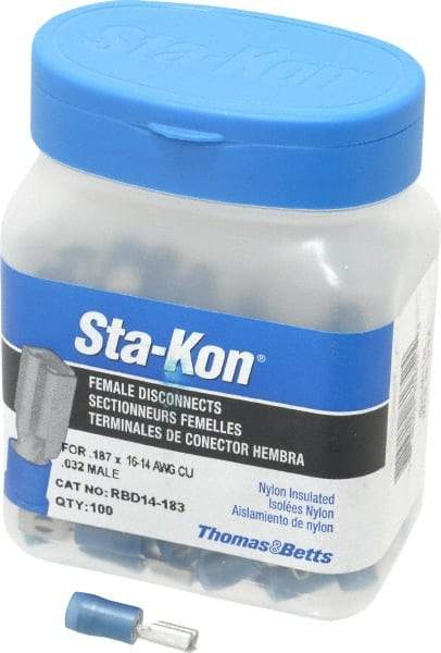 Thomas & Betts - 16 to 14 AWG, Nylon, Fully Insulated, Female Wire Disconnect - 3/16 Inch Wide Tab, Blue, CSA Certified, RoHS Compliant, UL 94 V-2, UL File E66716, UL Listed - Benchmark Tooling