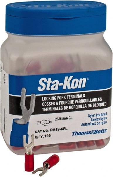 Thomas & Betts - #6 Stud, 22 to 16 AWG Compatible, Partially Insulated, Crimp Connection, Locking Fork Terminal - Benchmark Tooling