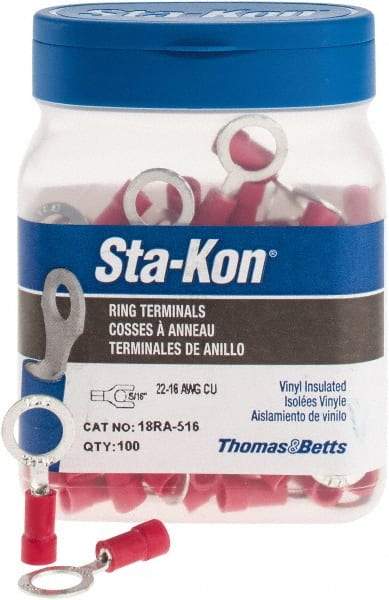 Thomas & Betts - 22-16 AWG Partially Insulated Crimp Connection D Shaped Ring Terminal - 5/16" Stud, 1.13" OAL x 1/2" Wide, Tin Plated Copper Contact - Benchmark Tooling