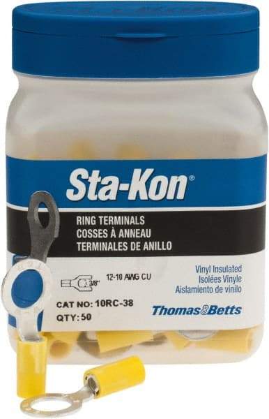 Thomas & Betts - 12-10 AWG Partially Insulated Crimp Connection D Shaped Ring Terminal - 3/8" Stud, 1.29" OAL x 0.59" Wide, Tin Plated Copper Contact - Benchmark Tooling