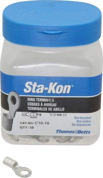 Thomas & Betts - 12-10 AWG Noninsulated Crimp Connection D Shaped Ring Terminal - #10 Stud, 0.85" OAL x 0.38" Wide, Tin Plated Copper Contact - Benchmark Tooling