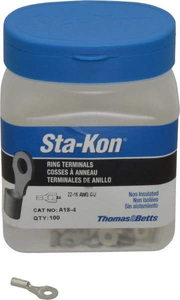 Thomas & Betts - 22-16 AWG Noninsulated Crimp Connection D Shaped Ring Terminal - #4 Stud, 3/4" OAL x 0.31" Wide, Tin Plated Copper Contact - Benchmark Tooling
