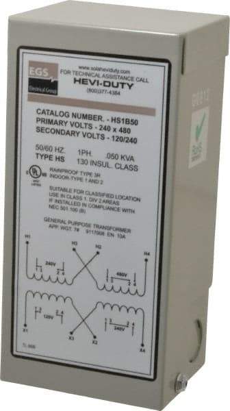 Sola/Hevi-Duty - 1 Phase, 240-480 Volt Input, 120/240 Volt Output, 60 Hz, 0.05 kVA, General Purpose Transformer - 4, 12, 3R, 4X NEMA Rating, 176°F Temp Rise, 4 Inch Wide x 3 Inch Deep x 6 Inch High, Indoor, Outdoor, Wall Mount - Benchmark Tooling