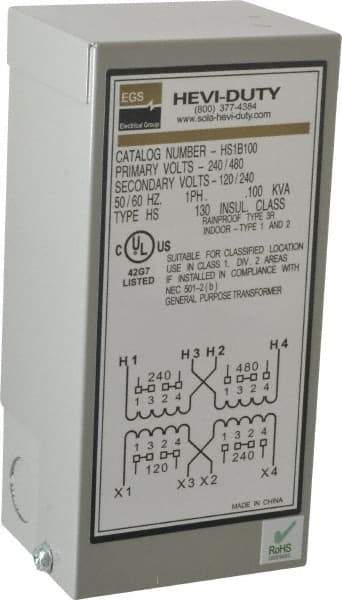 Sola/Hevi-Duty - 1 Phase, 240-480 Volt Input, 120/240 Volt Output, 60 Hz, 0.1 kVA, General Purpose Transformer - 4, 12, 3R, 4X NEMA Rating, 176°F Temp Rise, 4 Inch Wide x 3 Inch Deep x 6 Inch High, Indoor, Outdoor, Wall Mount - Benchmark Tooling