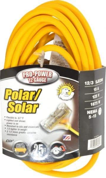 Southwire - 25', 12/3 Gauge/Conductors, Yellow Indoor & Outdoor Extension Cord - 1 Receptacle, 15 Amps, 300 Volts, UL SJEOW-A, NEMA 5-15P, 5-15R x 3 - Benchmark Tooling