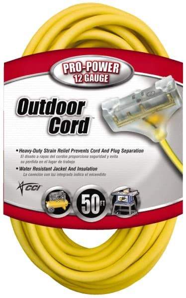 Southwire - 50', 12/3 Gauge/Conductors, Yellow Indoor & Outdoor Extension Cord - 1 Receptacle, 15 Amps, 125 VAC, UL SJTW-A, NEMA 5-15P, 5-15R x 3 - Benchmark Tooling