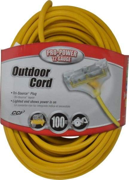 Southwire - 100', 12/3 Gauge/Conductors, Yellow Indoor & Outdoor Extension Cord - 1 Receptacle, 15 Amps, 125 VAC, UL SJTW-A, NEMA 5-15P, 5-15R x 3 - Benchmark Tooling