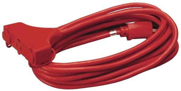 Southwire - 25', 14/3 Gauge/Conductors, Red Indoor & Outdoor Extension Cord - 1 Receptacle, 15 Amps, 125 VAC, UL SJTW-A, NEMA 5-15P, 5-15R x 3 - Benchmark Tooling