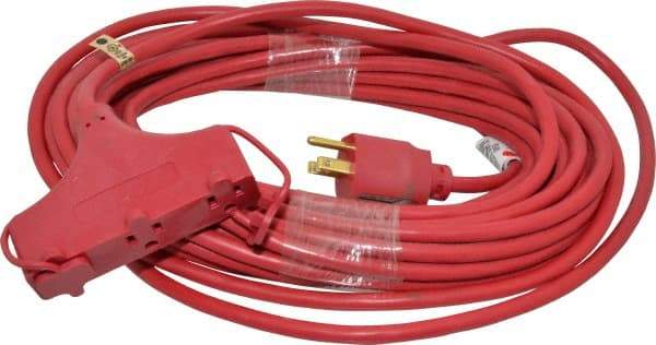 Southwire - 50', 14/3 Gauge/Conductors, Red Indoor & Outdoor Extension Cord - 1 Receptacle, 15 Amps, 125 VAC, UL SJTW-A, NEMA 5-15P, 5-15R x 3 - Benchmark Tooling