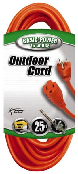 Southwire - 25', 16/3 Gauge/Conductors, Orange Indoor & Outdoor Extension Cord - 1 Receptacle, 13 Amps, 125 VAC, UL SJTW, NEMA 5-15P, 5-15R - Benchmark Tooling