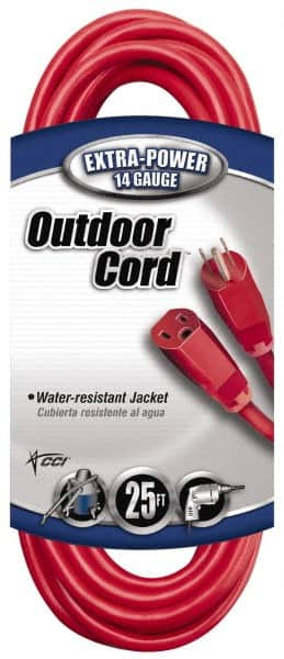 Southwire - 25', 14/3 Gauge/Conductors, Red Indoor & Outdoor Extension Cord - 1 Receptacle, 15 Amps, 125 VAC, UL SJTW, NEMA 5-15P, 5-15R - Benchmark Tooling