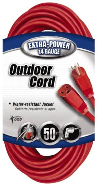 Southwire - 50', 14/3 Gauge/Conductors, Red Indoor & Outdoor Extension Cord - 1 Receptacle, 15 Amps, 125 VAC, UL SJTW, NEMA 5-15P, 5-15R - Benchmark Tooling