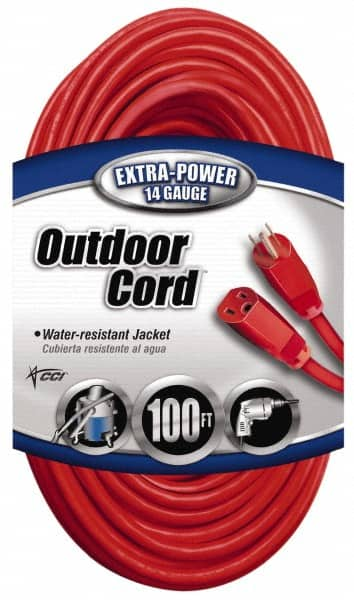 Southwire - 100', 14/3 Gauge/Conductors, Red Indoor & Outdoor Extension Cord - 1 Receptacle, 13 Amps, 125 VAC, UL SJTW, NEMA 5-15P, 5-15R - Benchmark Tooling