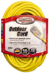 Southwire - 50', 12/3 Gauge/Conductors, Yellow Indoor & Outdoor Extension Cord - 1 Receptacle, 15 Amps, 125 VAC, UL SJTW, NEMA 5-15P, 5-15R - Benchmark Tooling