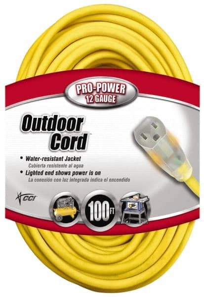 Southwire - 100', 12/3 Gauge/Conductors, Yellow Indoor & Outdoor Extension Cord - 1 Receptacle, 15 Amps, 125 VAC, UL SJTW, NEMA 5-15P, 5-15R - Benchmark Tooling