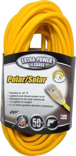 Southwire - 50', 14/3 Gauge/Conductors, Yellow Outdoor Extension Cord - 1 Receptacle, 15 Amps, 125 VAC, UL SJEOOW, NEMA 5-15P, 5-15R - Benchmark Tooling