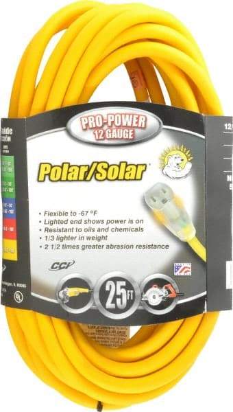 Southwire - 25', 12/3 Gauge/Conductors, Yellow Outdoor Extension Cord - 1 Receptacle, 15 Amps, 125 VAC, UL SJEOOW, NEMA 5-15P, 5-15R - Benchmark Tooling