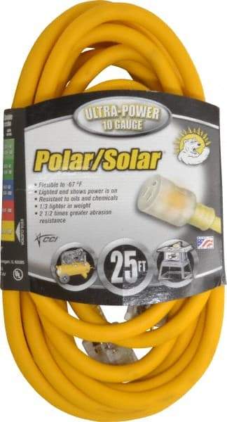 Southwire - 25', 10/3 Gauge/Conductors, Yellow Outdoor Extension Cord - 1 Receptacle, 15 Amps, 125 VAC, UL SJEOOW, NEMA 5-15P, 5-15R - Benchmark Tooling