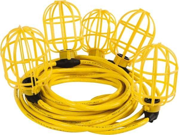 Value Collection - 5 Socket, 4 Conductor, 125 VAC, 15 Amp, Temporary String Light - 50' SJTW-A Cord, Yellow, Plastic, Includes Lamp Guard - Benchmark Tooling