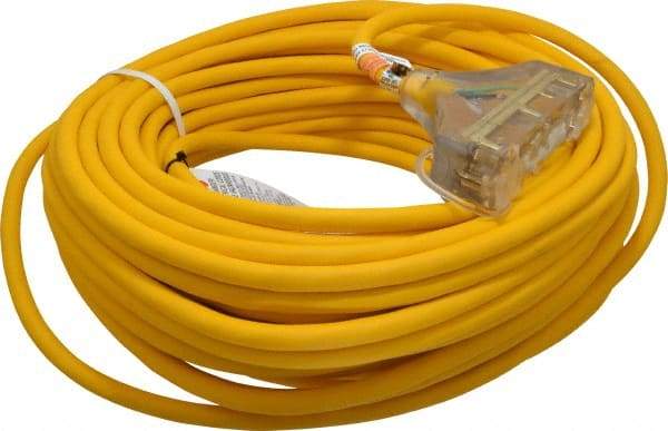 Southwire - 100', 12/3 Gauge/Conductors, Yellow Outdoor Extension Cord - 1 Receptacle, 15 Amps, 125 VAC, UL SJEOOW, NEMA 5-15P, 5-15R x 3 - Benchmark Tooling