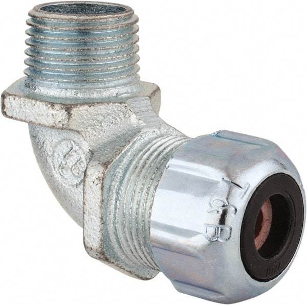 Thomas & Betts - 1/8 to 1/4" Cable Capacity, Liquidtight, Elbow Strain Relief Cord Grip - 1/2 NPT Thread, Iron - Benchmark Tooling