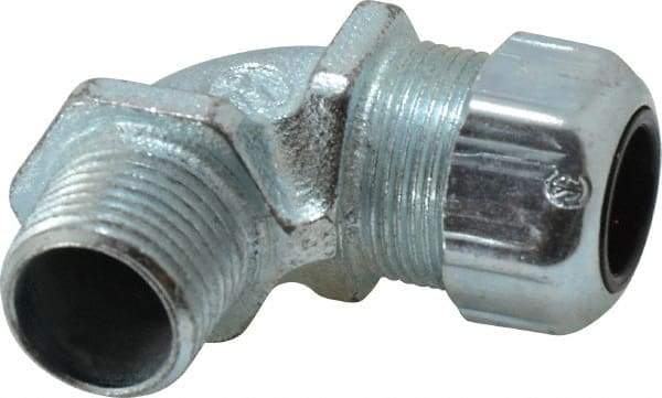 Thomas & Betts - 0.45 to 0.56" Cable Capacity, Liquidtight, Elbow Strain Relief Cord Grip - 1/2 NPT Thread, Iron - Benchmark Tooling