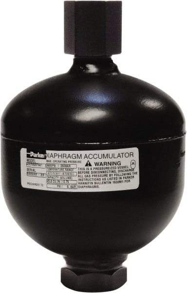 Parker - 30 Lb. Capacity, 3,045 psi Max Working Pressure, 5.94" High, Hydrin Diaphragm Accumulator - 4.2" Diam, 8 SAE Port Thread - Benchmark Tooling