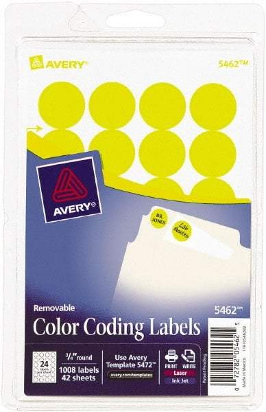 AVERY - 3/4" Wide x 3/4" Long, Yellow Paper Color Coding Labels - For Laser/Inkjet Printers - Benchmark Tooling