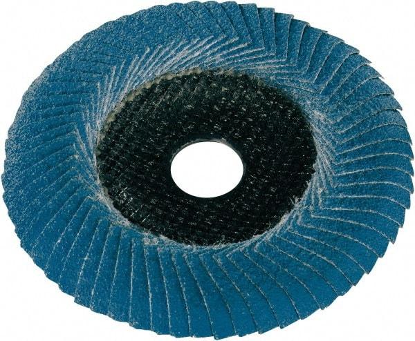 Metabo - P80 Grit, 5" Disc Diam, 7/8" Center Hole, Type 29 Zirconia Alumina Flap Disc - 12,200 Max RPM, Fiberglass Backing, Arbor Attaching System, Coated - Benchmark Tooling