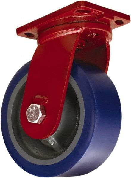 Hamilton - 10" Diam x 4" Wide x 12-1/2" OAH Top Plate Mount Swivel Caster - Polyurethane Mold on Forged Steel, 5,000 Lb Capacity, Tapered Roller Bearing, 6-1/2 x 7-1/2" Plate - Benchmark Tooling