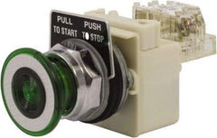 Schneider Electric - 30mm Mount Hole, Extended Straight, Pushbutton Switch with Contact Block - Green Pushbutton, Maintained (MA) - Benchmark Tooling