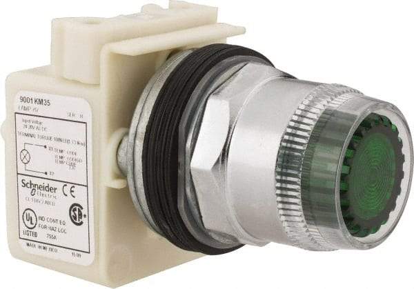 Schneider Electric - 1.18 Inch Mount Hole, Extended Straight, Pushbutton Switch Only - Round, Green Pushbutton, Illuminated, Momentary (MO), Weatherproof, Dust and Oil Resistant - Benchmark Tooling