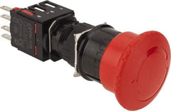 Schneider Electric - 16mm Mount Hole, Extended Mushroom Head, Pushbutton Switch with Contact Block - Round, Red Pushbutton, Maintained (MA), Momentary (MO) - Benchmark Tooling