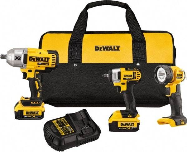 DeWALT - 20 Volt Cordless Tool Combination Kit - Includes 1/2" Impact Wrench, 3/8" Impact Driver & LED Worklight, Lithium-Ion Battery Included - Benchmark Tooling