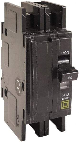Square D - 10 Amp, 120/240 VAC, 2 Pole, DIN Rail Mounted, Flush Mount, Surface Mount Miniature Circuit Breaker - Thermal Magnetic Trip, 10 kA at 120/240 VAC Breaking Capacity, 14-2 (Aluminum), 14-2 (Copper) AWG, 74mm Deep x 103mm High x 38mm Wide - Benchmark Tooling