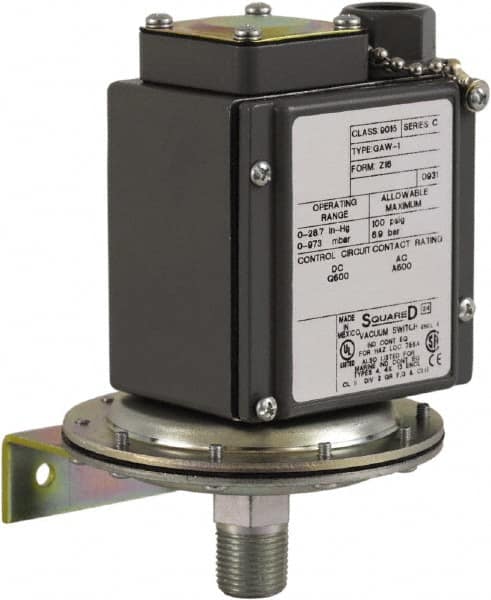 Square D - 4, 13 and 4X NEMA Rated, SPDT, 0.2 to 10 psi, Vacuum Switch Pressure and Level Switch - Adjustable Pressure, 120 VAC, 125 VDC, 240 VAC, 250 VDC, Screw Terminal - Benchmark Tooling